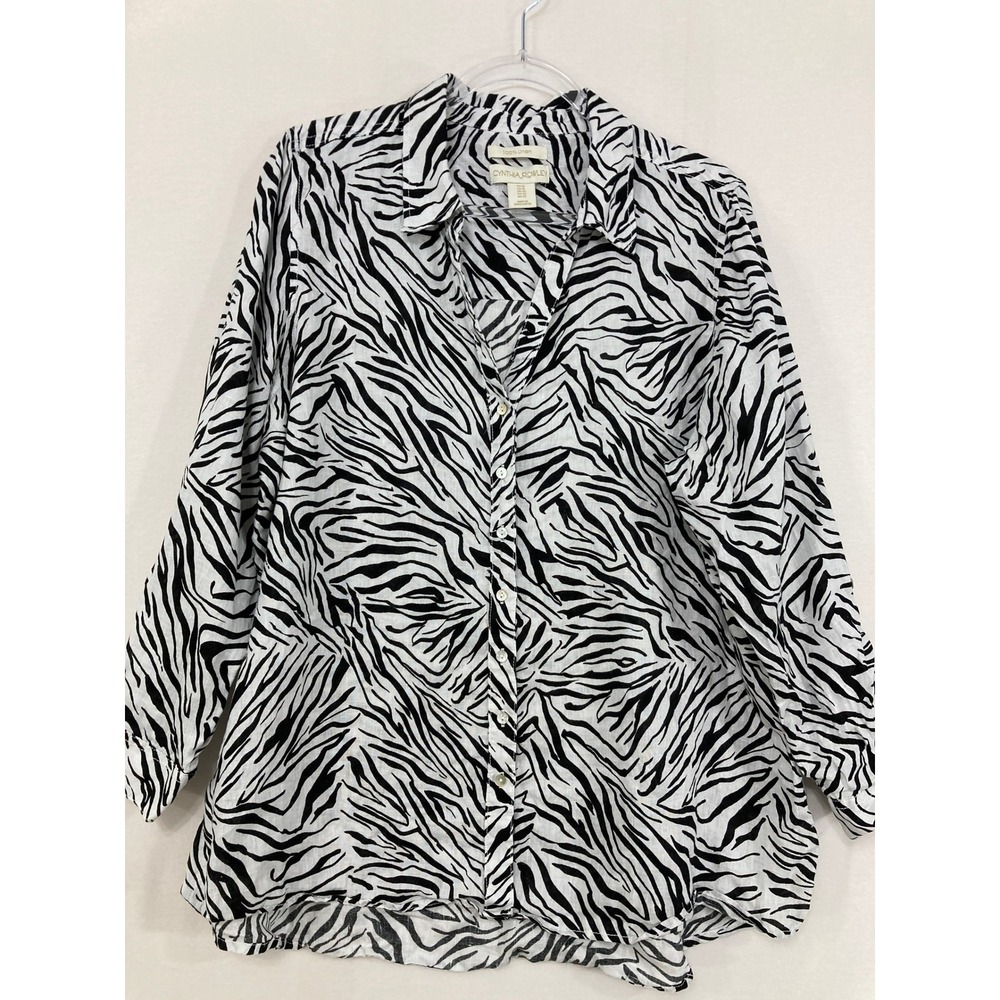 Cynthia Rowley Button Down 1X Zebra Print Linen Long Sleeve Shirt Vacation